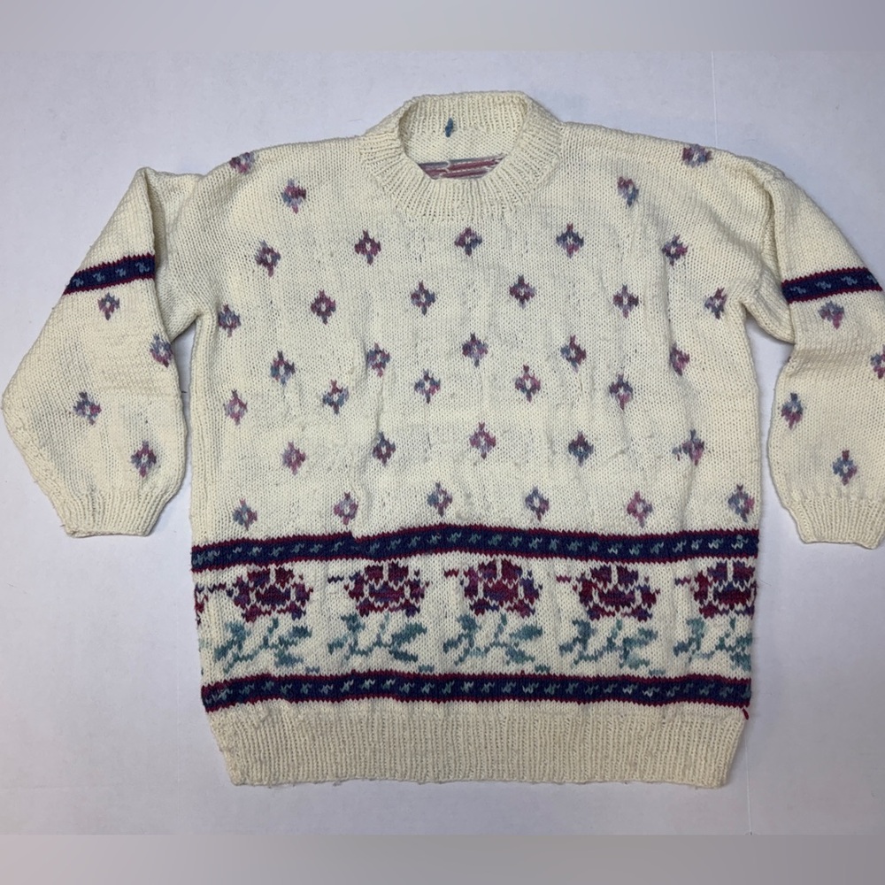 Vintage Floral Geometric Pattern Knit Cream Women’s Crewneck Sweater